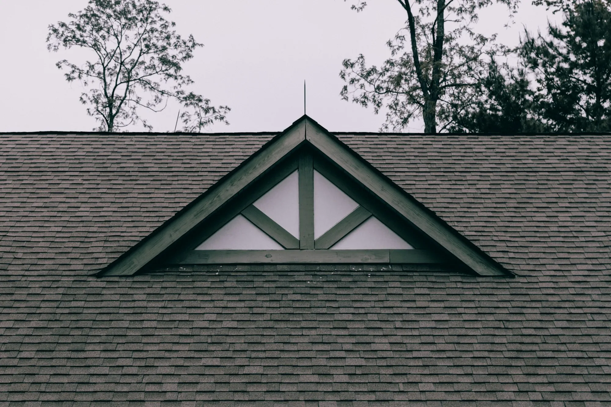 Gray asphalt shingle roof with a small decorative gable vent